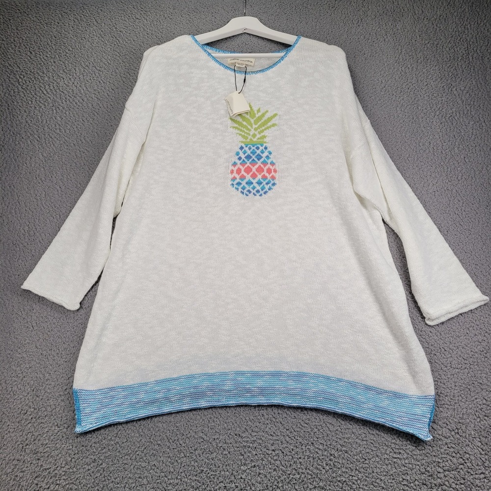 COTTON COUNTRY Sweater Size XL White Pineapple Long Sleeve Lightweight NEW